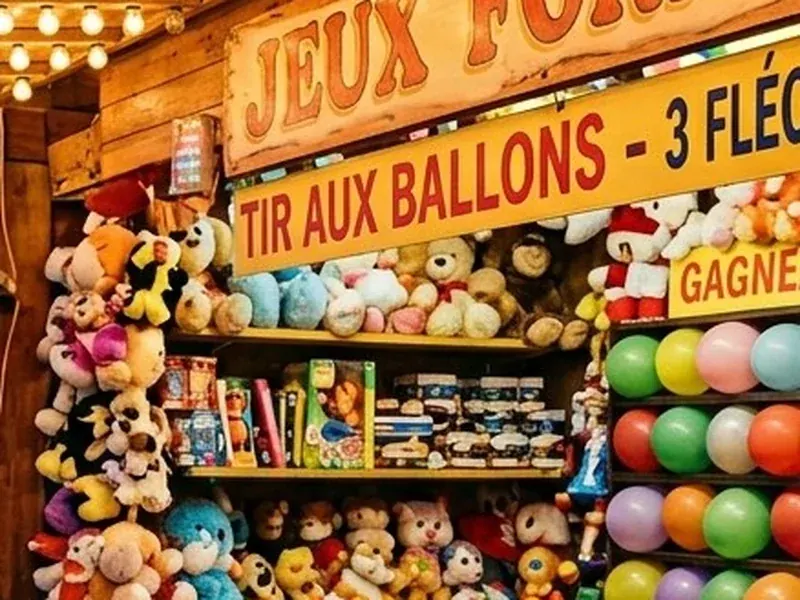 Stand de jeux forains avec peluches et tir aux ballons